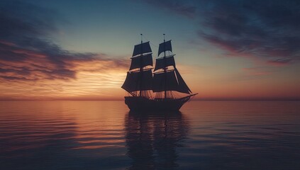Obraz premium Silhouetted sailboat on a calm ocean at sunset.