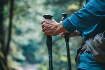 A person holds trekking poles while standing in a lush green forest. Nature and adventure blend together in this serene outdoor scene. Explore your surroundings with confidence. Generative AI