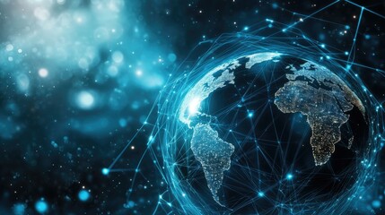 A futuristic Earth globe surrounded by dynamic fiber optic lines, highlighting technological advancements and global reach, with a clear copy space.