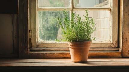Fototapeta premium A rustic kitchen windowsill adorned with a thriving potted rosemary plant, capturing the essence of organic home gardening.