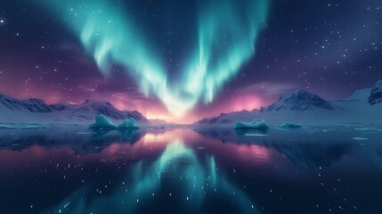 Fototapeta premium The breathtaking Northern Lights illuminated the night sky, and icebergs floated on the lake. The green aurora shines on the water surface, creating an epic and peaceful landscape.
