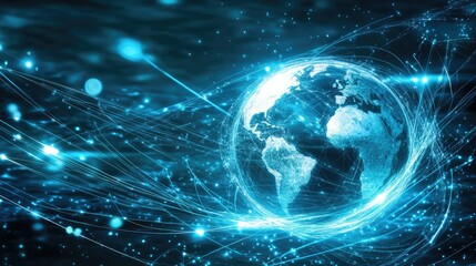 Obraz premium A futuristic Earth globe surrounded by dynamic fiber optic lines, highlighting technological advancements and global reach, with a clear copy space.