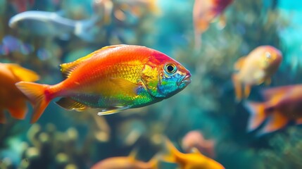 A colorful fish swims among other fish in an aquarium.