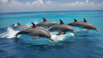 Obraz premium This image shows a group of dolphins leaping out of the water.
