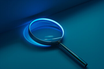 Magnifying Glass on Blue Background with Neon Light