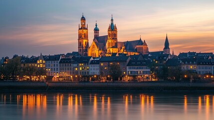 Fototapeta premium A serene evening at the Mainz Cathedral in Germany, with the cathedral illuminated by warm lights, and the sky transitioning from day to night.