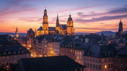 Fototapeta premium A serene evening at the Mainz Cathedral in Germany, with the cathedral illuminated by warm lights, and the sky transitioning from day to night.
