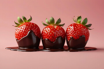 Tempting strawberries in dark chocolate on pink background, perfect for romantic treat or healthy snack, bursting with flavors, luxury and indulgence