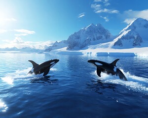 Fototapeta premium Two orcas leap gracefully from the serene waters, framed by stunning icy mountains under a bright sky.