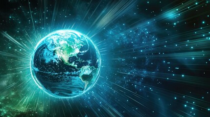 Obraz premium A futuristic Earth globe surrounded by dynamic fiber optic lines, highlighting technological advancements and global reach, with a clear copy space.