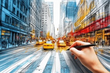 Hand drawing a bustling urban street filled with yellow taxis and high-rise buildings, showcasing...