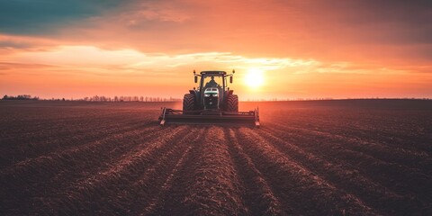 Fototapeta premium Tractor working in a vast field at sunset with a serene and golden landscape