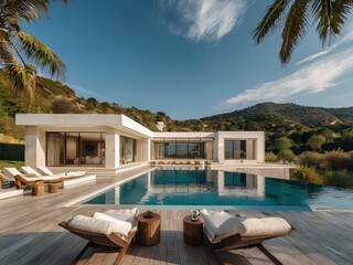 Fototapeta premium Traditional mediterranean white house with pool,Modern backyard of a swimming pool with house,Trendy outdoor modern house, awning and patio roof, garden lounge, chairs, metal grill surrounded by lands