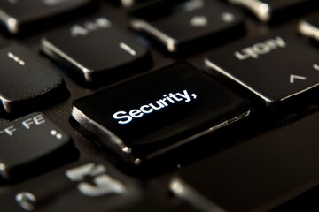 Focused shot of a black keyboard highlighting a key labeled 'Security,' symbolizing the significance of technological protections and online security measures.