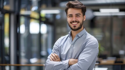 Fototapeta premium Smiling handsome businessman with crossed arms in modern office, young man exuding confidence, business success concept.