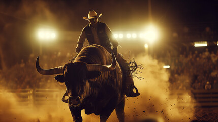 a lone cowboy prepares to ride a big bull under the bright lights of a rodeo arena, the crowd in the background is blurred, Ai generated Images