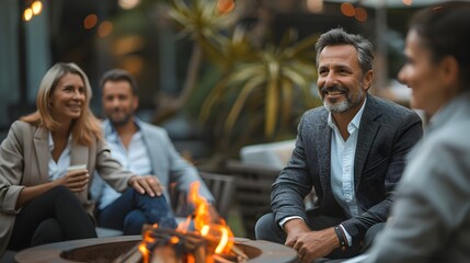 Business Leader Strategizing with Team Members Around Outdoor Fire Pit