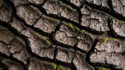 Macro shot of weathered oak bark with lush moss, showcasing detailed grooves and natural textures in an autumn forest setting