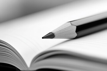 This black and white image captures a sharpened graphite pencil resting on an open notebook page, symbolizing readiness for writing, planning, or creativity.
