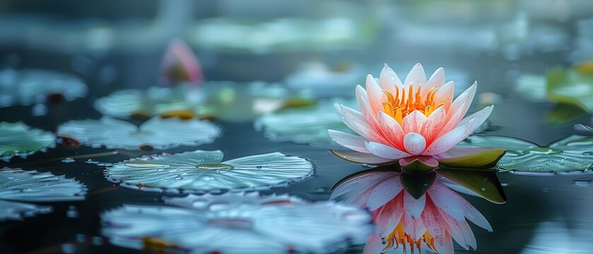 A lotus flower floating gracefully on calm waters, its pristine petals symbolizing purity and enlightenment ,free space, with copy space for text