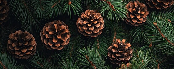 Fototapeta premium A close-up of pine cones on green tree branches, a beautiful photo with an aesthetic vibe, perfect for a wallpaper, background, banner