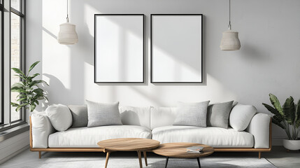 modern livingroom interior  and white mockup frame illustration.