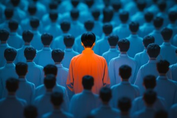 A single person wearing an orange shirt stands out against a background of numerous blue-uniformed figures, emphasizing the theme of standing out and individuality.