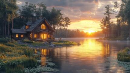 Fototapeta premium A serene lakeside cabin at sunset surrounded by nature.