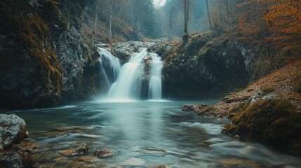 Serene Waterfall in an Autumnal Forest