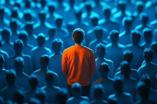 A solitary person dressed in an orange shirt stands out prominently in a sea of blue-clad individuals, symbolizing individuality and uniqueness in a crowd.