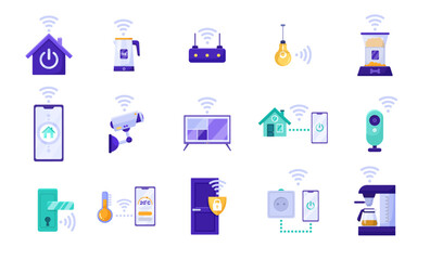 Various smart home device icons including appliances, security, and controls on a white background. Concept of home automation and IoT. Vector illustration