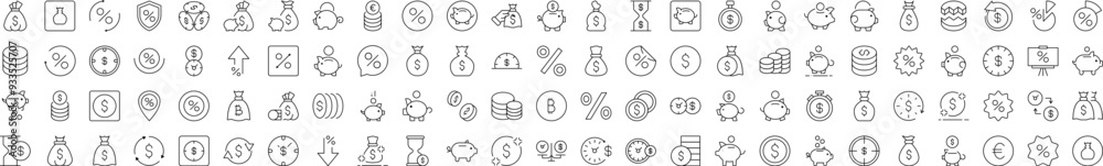 Wall mural pack of line icons of piggy bank, dollar, coin, percent. editable stroke. minimalistic linear pictog