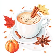 Background illustration featuring cozy fall elements like leaves, pumpkins, and hot cocoa, creating a warm and festive atmosphere
