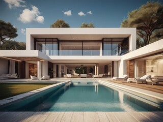 Fototapeta premium Traditional mediterranean white house with pool,Modern backyard of a swimming pool with house,Trendy outdoor modern house, awning and patio roof, garden lounge, chairs, metal grill surrounded by lands