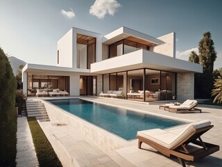 Fototapeta premium Traditional mediterranean white house with pool,Modern backyard of a swimming pool with house,Trendy outdoor modern house, awning and patio roof, garden lounge, chairs, metal grill surrounded by lands