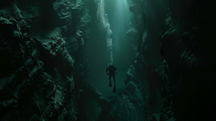 a lone diver explores a dark, narrow cave passage, the walls are tight and jagged, with bioluminescent creatures glowing dimly in the distance, Ai generated Images