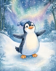 Obraz premium Whimsical children's book illustration of a cheerful penguin in a snowy forest with a winter hat, aurora background