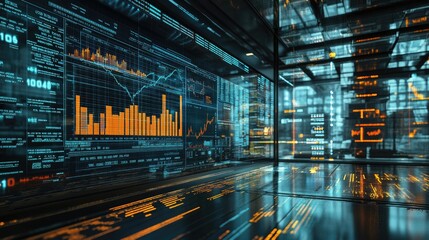 A stock market graph on a large screen, with financial data and numbers scrolling beside it, set in a modern trading room.