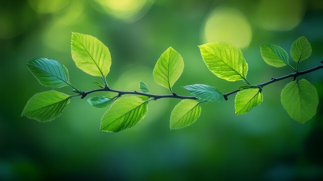 Ultra high definition close-up of branches and leaves, with a beautiful green blur effect in the background. It showcases exquisite details of nature, displaying vibrant green and delicate textures.