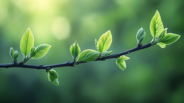 Ultra high definition close-up of branches and leaves, with a beautiful green blur effect in the background. It showcases exquisite details of nature, displaying vibrant green and delicate textures.