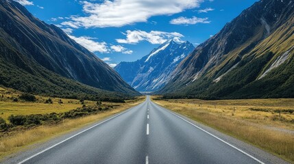 Fototapeta premium A straight road through a valley, flanked by towering mountains, with a pristine blue sky overhead.