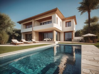 Traditional mediterranean white house with pool,Modern backyard of a swimming pool with house,Trendy outdoor modern house, awning and patio roof, garden lounge, chairs, metal grill surrounded by lands