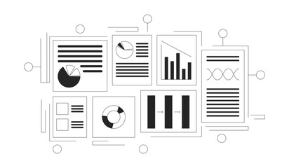 Company accounting documents black and white 2D line object. Marketing statistics isolated vector outline item. Job performance. Financial profit graphs pie charts monochromatic flat spot illustration