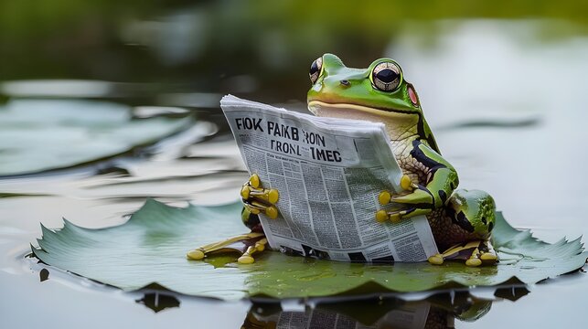Frog Reads Newspaper on Lily Pad in Tranquil Pond with Water Reflections