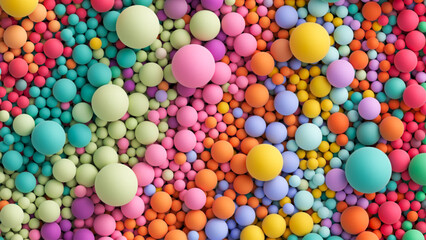 Many bright random pastel colored soft balls background. Colorful balls background for kids zone or children's playroom. Top view of huge pile of colorful balls in different sizes. Vector illustration
