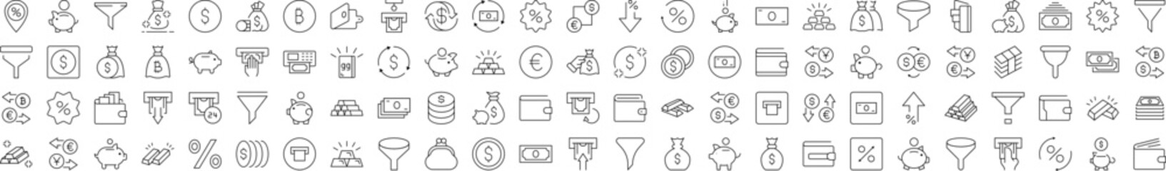Money Exchange, Currency, Wallet, Bank, Funnel Related Icon Set. Editable Stroke. Suitable for Web Sites, Books, Cards, Apps