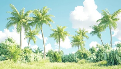 Obraz premium Lush tropical landscape adorned with vibrant palm trees under a bright blue sky and fluffy white clouds.