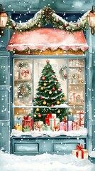 Christmas shop front, Christmas tree in the window with presents under it, a snowy day outside the store, light pastel colors. Watercolor card, poster