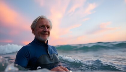 An elderly man wearing a blue wetsuit swimming in the ocean