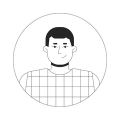 Caucasian plus size man smirking black and white 2D vector avatar illustration. European male short haired outline cartoon character face isolated. Corporate casual flat user profile image portrait